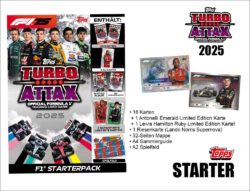 Display mit Trading Cards zur Serie „Turbo Attax Formel 1 2025“