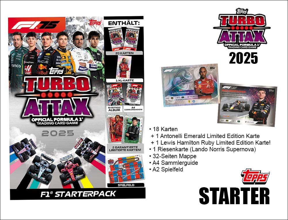 Display mit Trading Cards zur Serie „Turbo Attax Formel 1 2025“